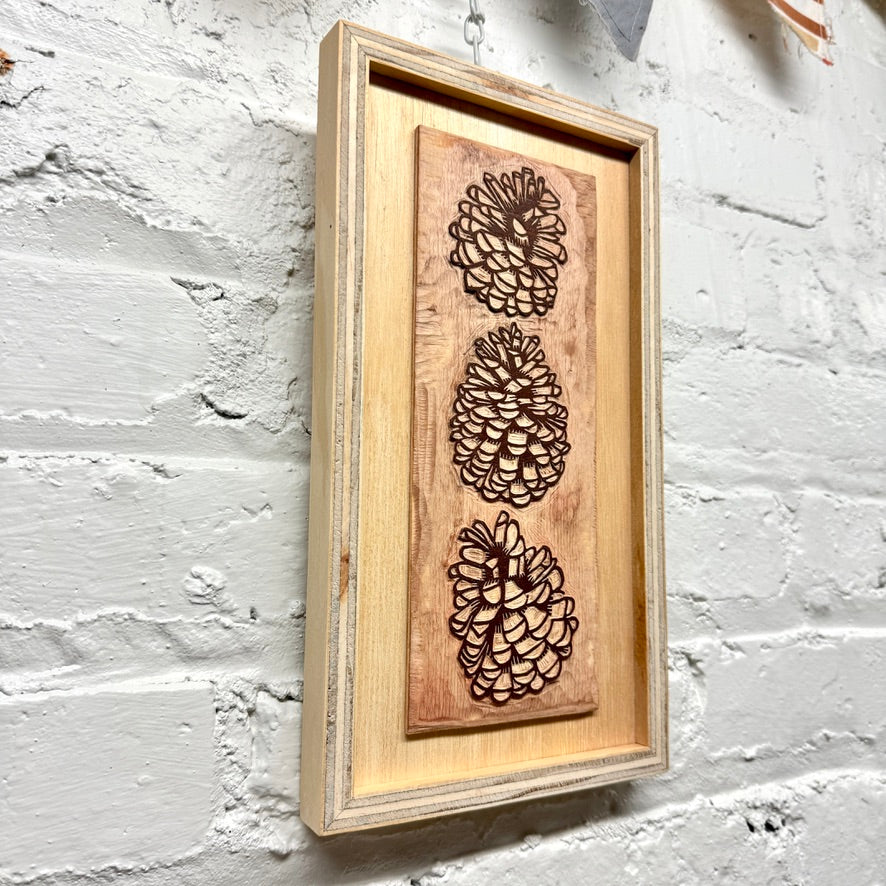 Pinecone Buddies Framed Print with Framed WOODBLOCK - Collector's Set (7.5x13")