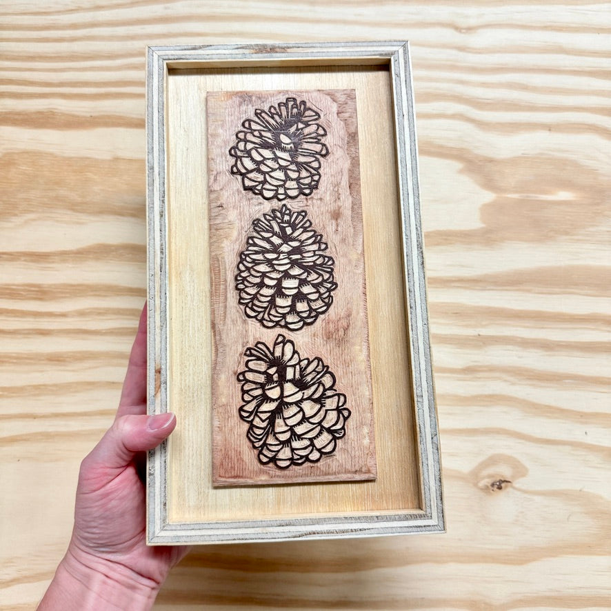 Pinecone Buddies Framed Print with Framed WOODBLOCK - Collector's Set (7.5x13")