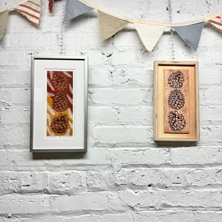 Pinecone Buddies Framed Print with Framed WOODBLOCK - Collector's Set (7.5x13")