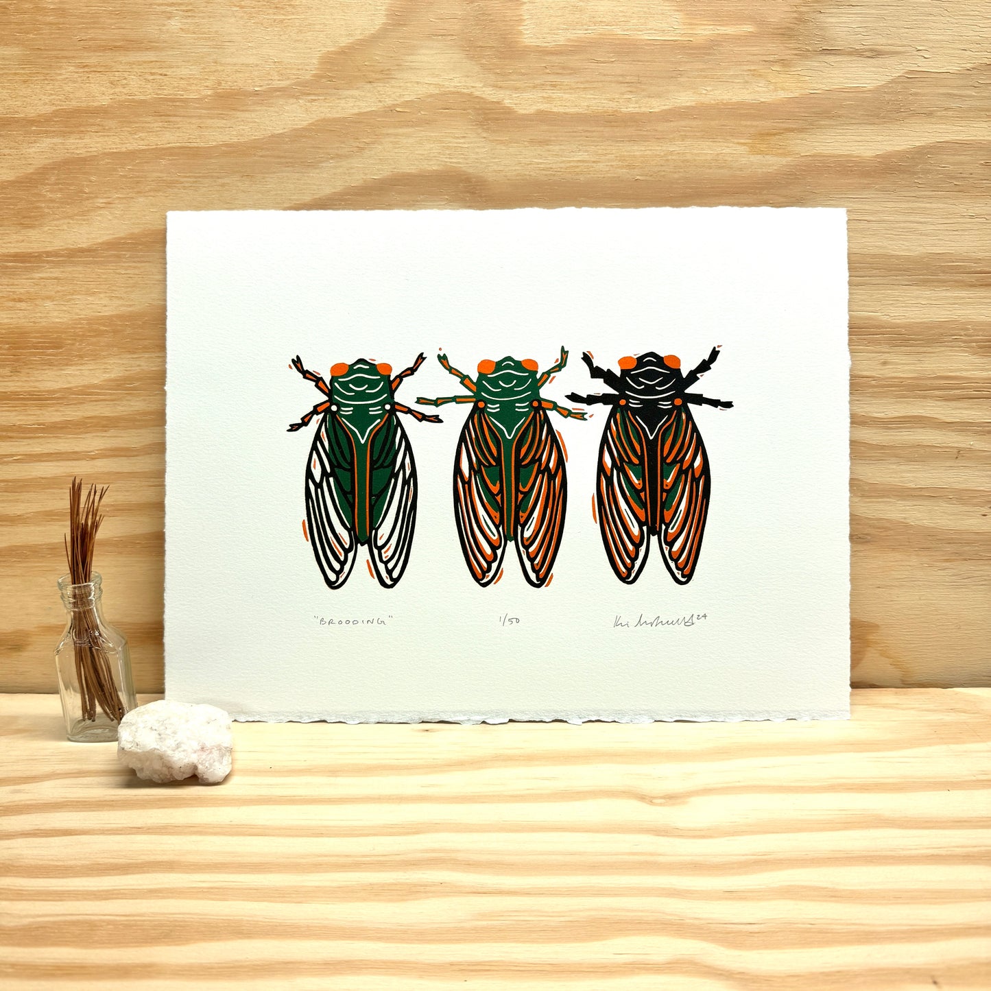 Brooding Cicadas - woodblock print (9x12")