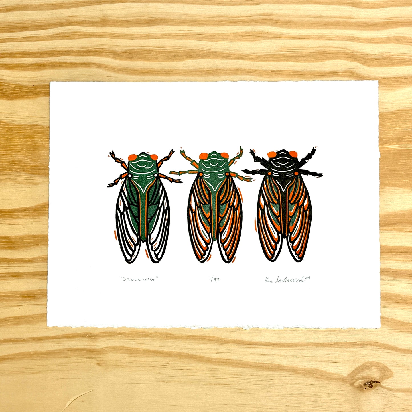 Brooding Cicadas - woodblock print (9x12")