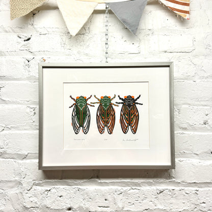 Brooding Cicadas FRAMED - woodblock print (11x14")