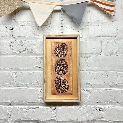 Pinecone Buddies Framed Print with Framed WOODBLOCK - Collector's Set (7.5x13")