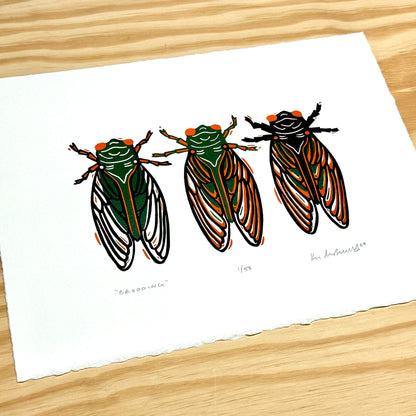 Brooding Cicadas - woodblock print (9x12")