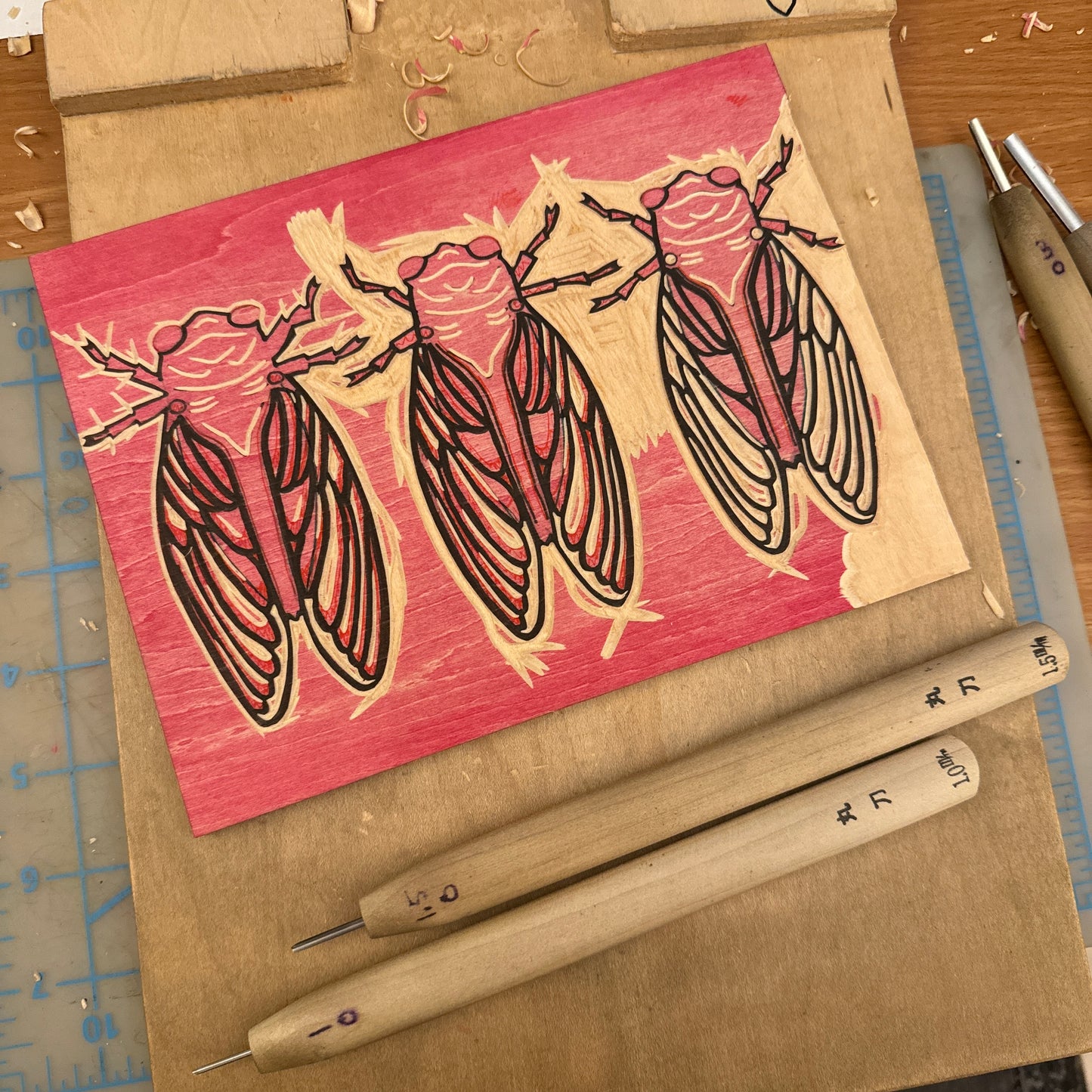 Brooding Cicadas - woodblock print (9x12")