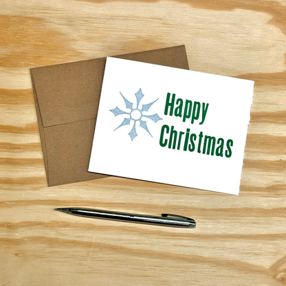 Happy Christmas Silver Metallic Snowflake - single card - wood type letterpress printed