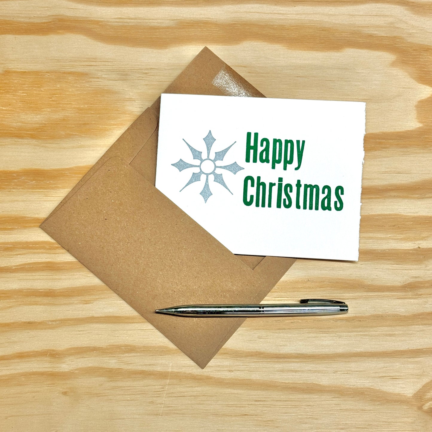 Happy Christmas Silver Metallic Snowflake - single card - wood type letterpress printed