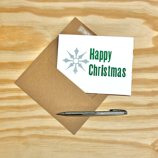 Happy Christmas Silver Metallic Snowflake - single card - wood type letterpress printed