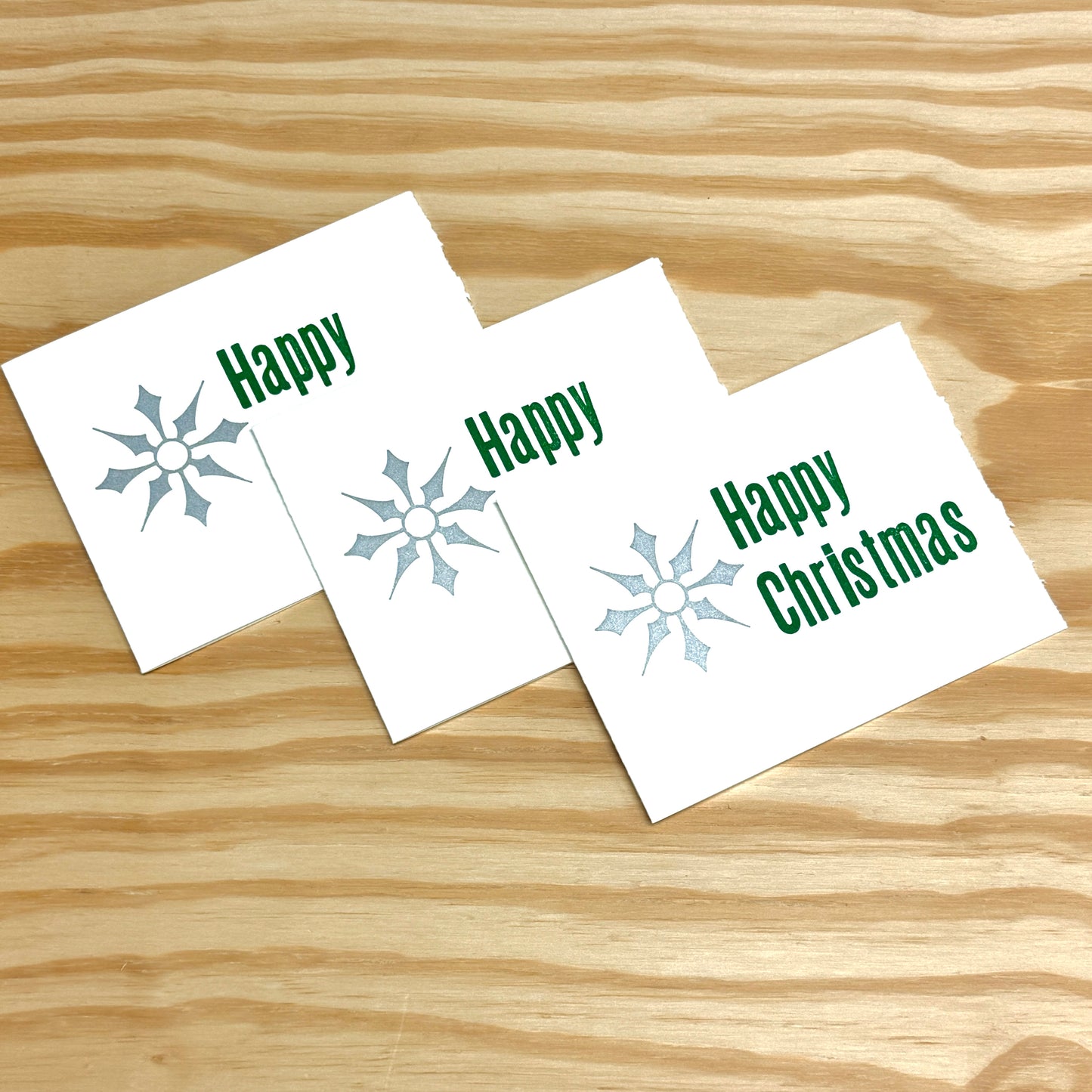 Happy Christmas Silver Metallic Snowflake - single card - wood type letterpress printed